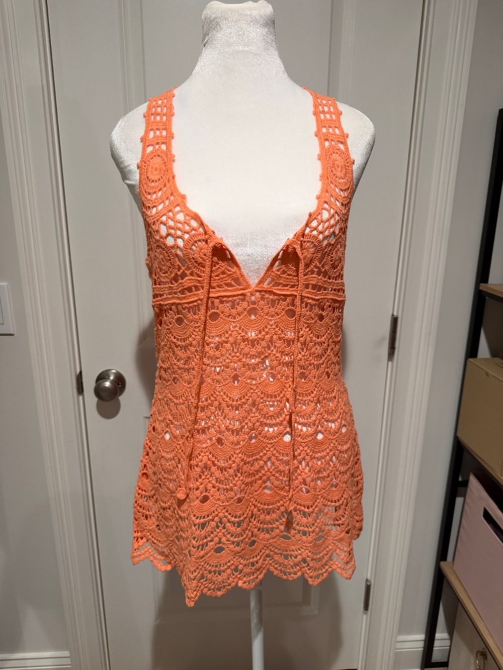 Crochet V-Neck Orange Tunic Top Medium NWT